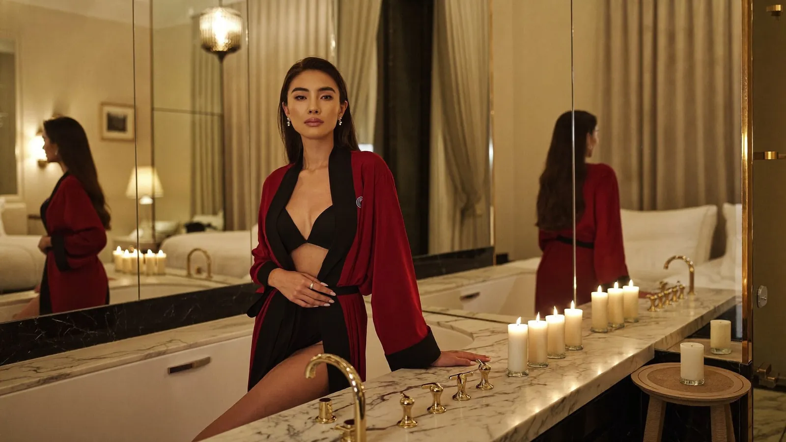 Cam model in a red silk robe in a candlelit marble bathroom